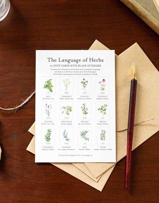 Note card set titled 'The Language of Herbs' with illustrations and envelopes on a wooden desk.