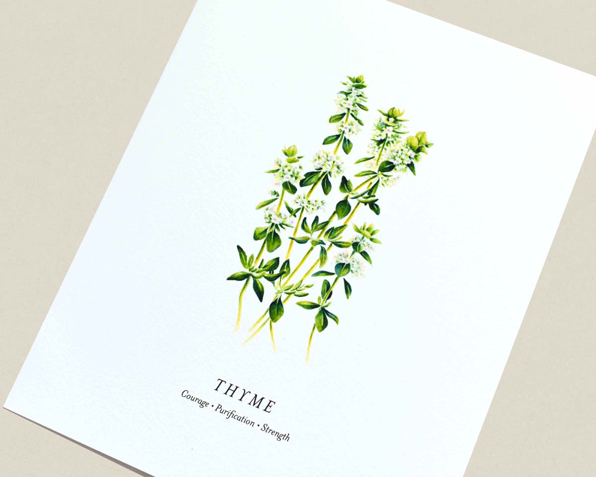 Art print of a watercolor illustration of a group of thyme sprigs. Text below reads 'THYME' and 'Courage | Purification | Strength' photographed at an angle.