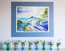 Load image into Gallery viewer, North Fork Mountain painting displayed on blue mat board and wall
