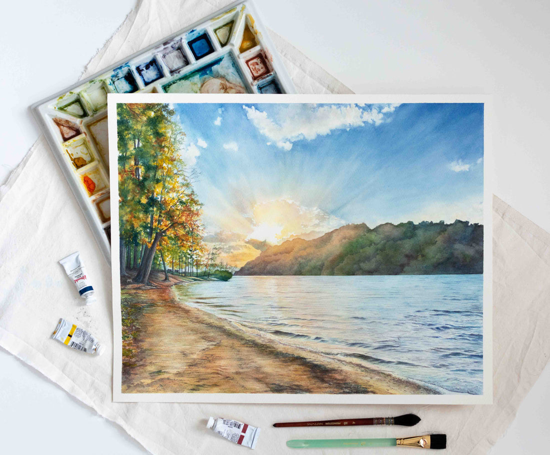 Painting of Cheat Lake Beach, Autumn Sunset with palette and brushes