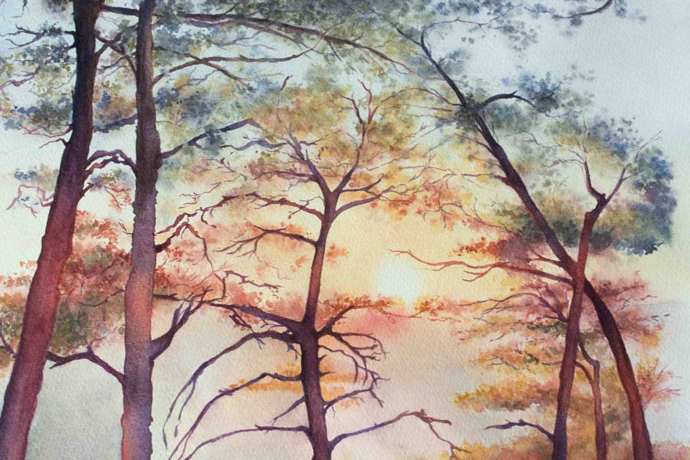 Painting of a sunset surrounded by tree branches