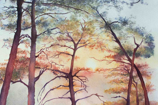 Painting of a sunset surrounded by tree branches