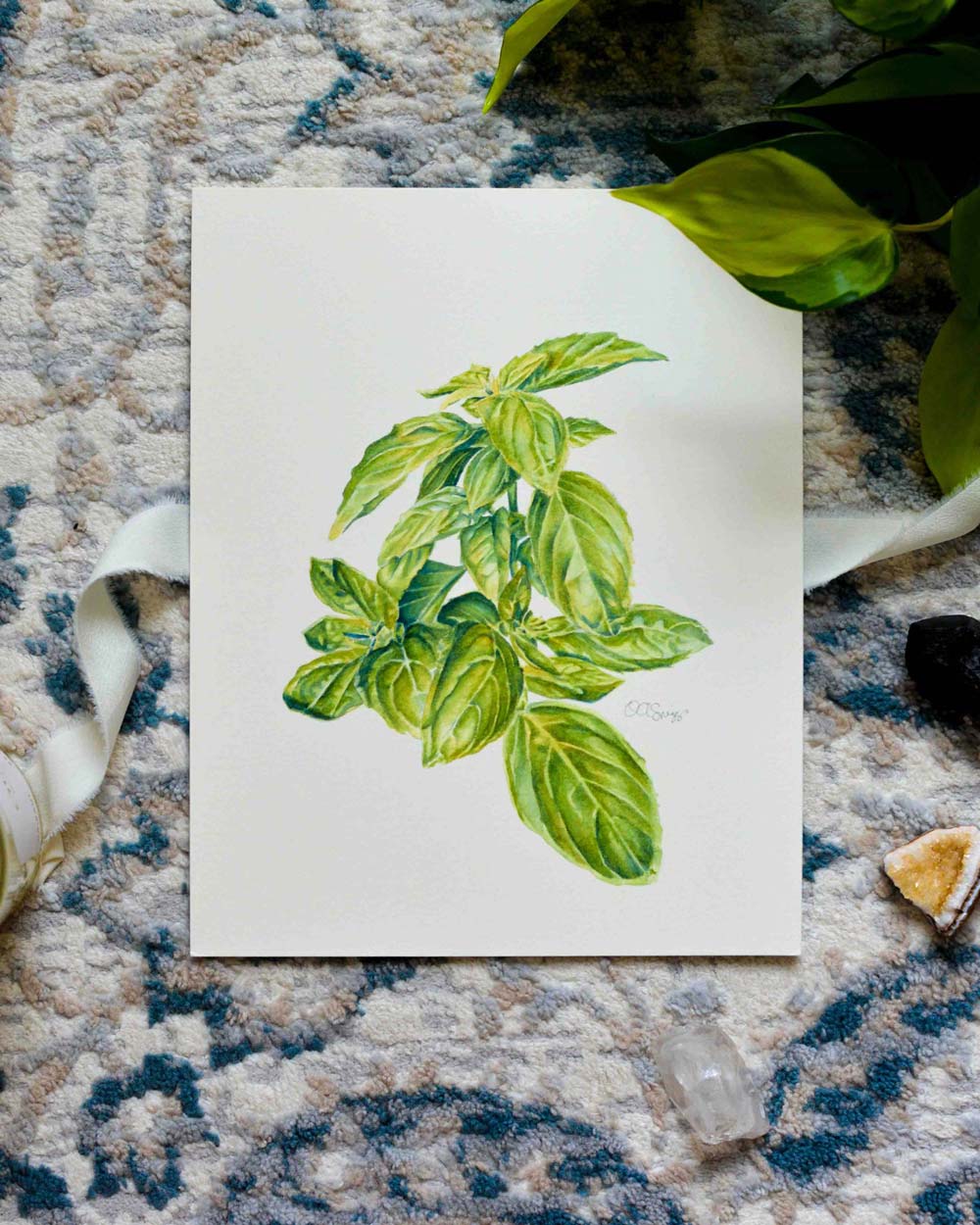 Basil painting on a patterned background surrounded by plants, herbs and crystals