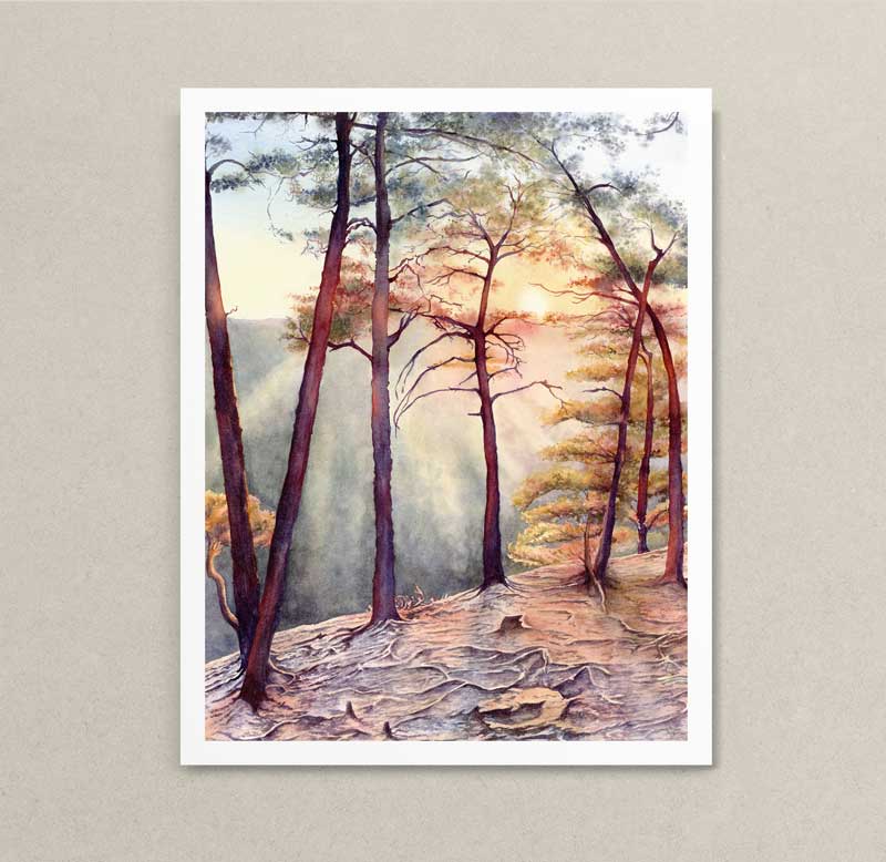 Watercolor print of a sunset overlook with trees at Beauty Mountain. 