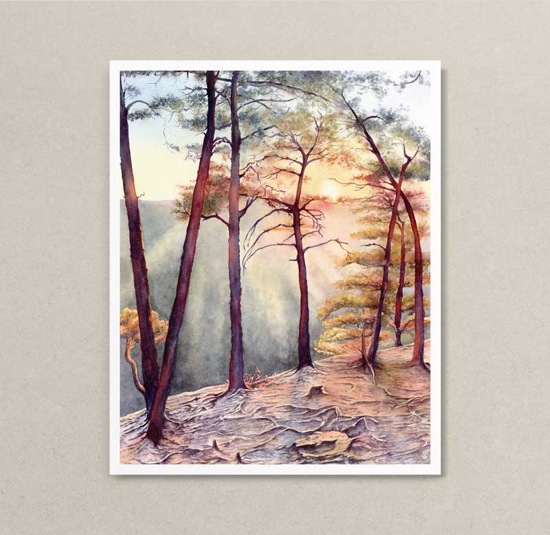 Watercolor print of a sunset overlook with trees at Beauty Mountain. 