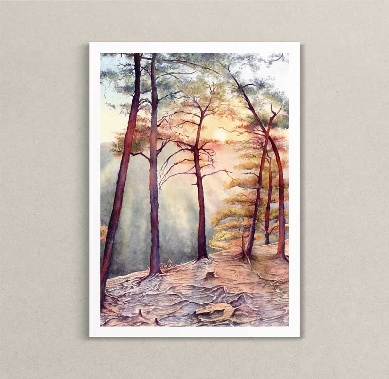 Watercolor print of a sunset overlook with trees at Beauty Mountain. 
