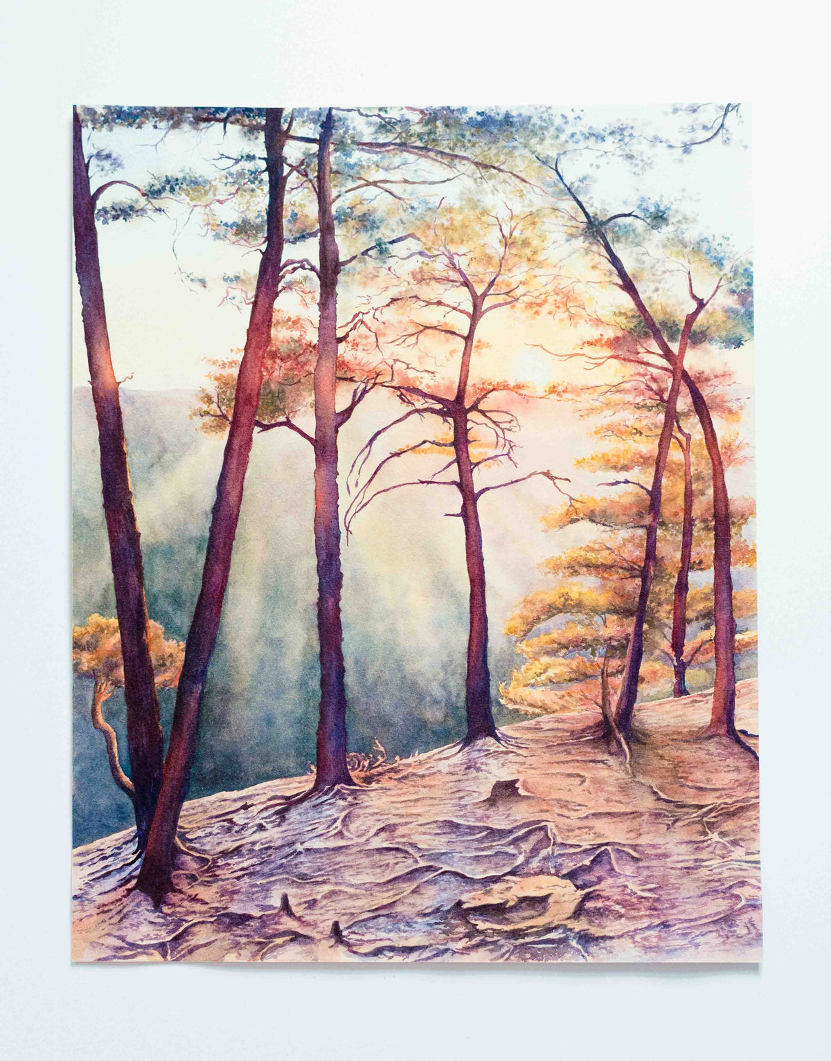 A watercolor painting of a sunset at Beauty Mountain Overlook. 
