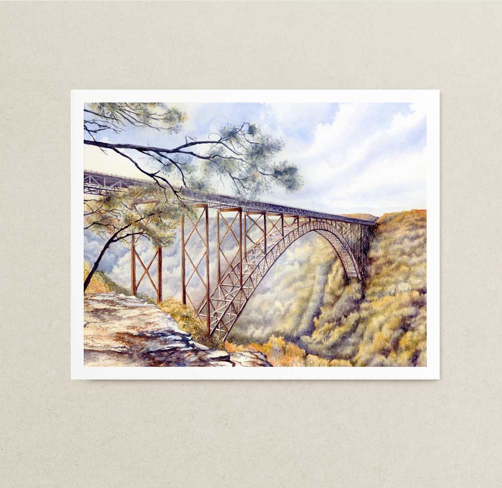 Watercolor print of the large arched New River Gorge Bridge. 