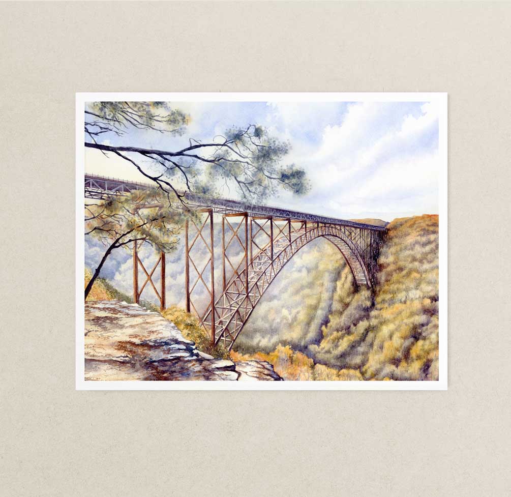 Watercolor print of the large arched New River Gorge Bridge. 