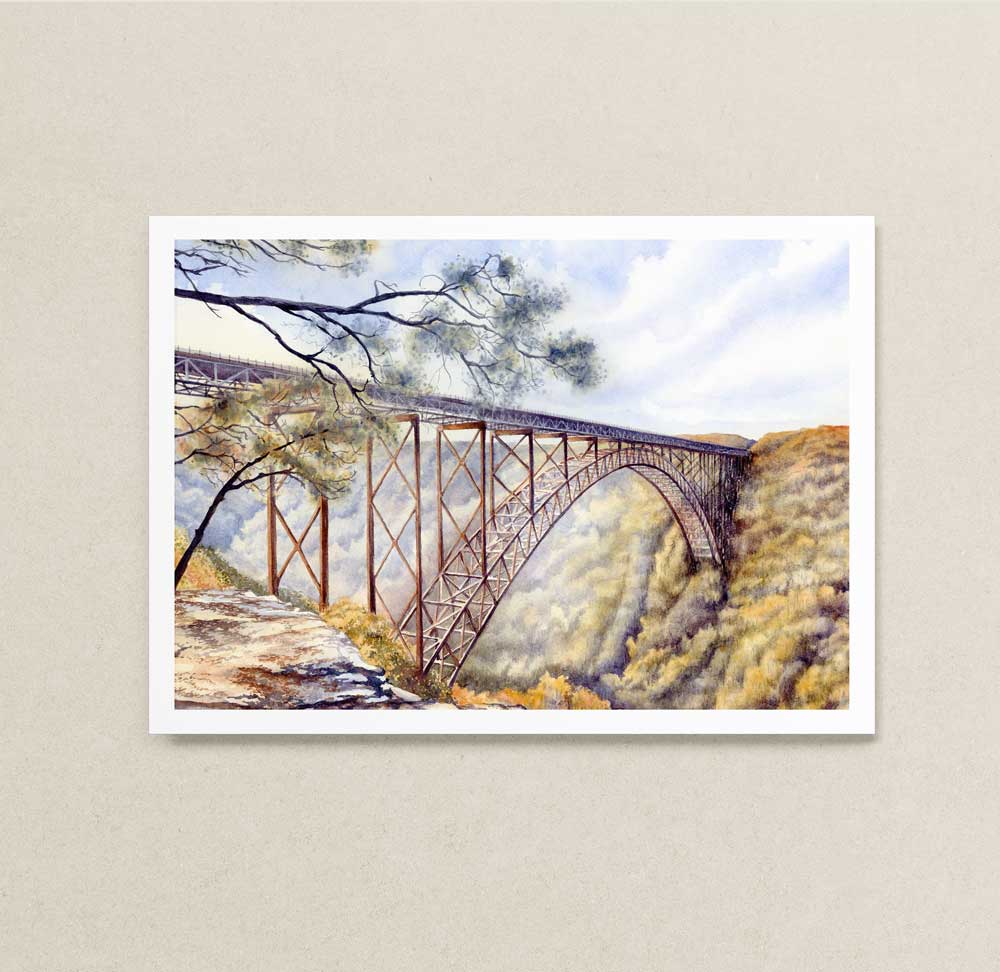 Watercolor print of the large arched New River Gorge Bridge. 