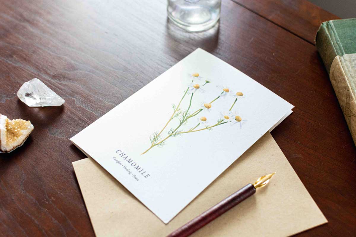 Greeting card with chamomile design on a wooden desk with a pen and crystal.