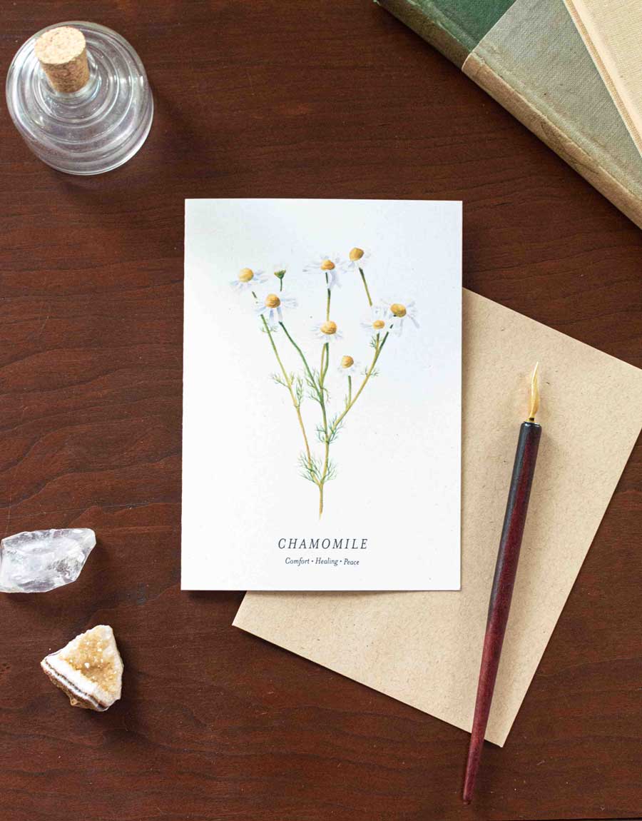 Note card with chamomile illustration on a wooden desk with a pen and crystals.