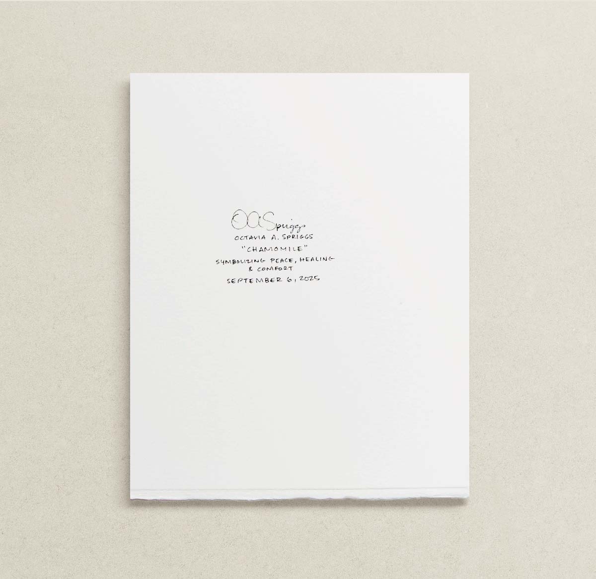 A white sheet of paper with handwritten black ink text centered on a light beige textured background.