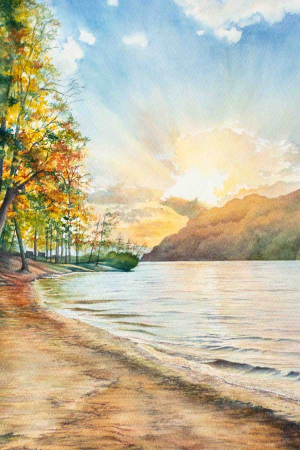 Closeup of Cheat Lake Beach painting with soft waves and trees. 