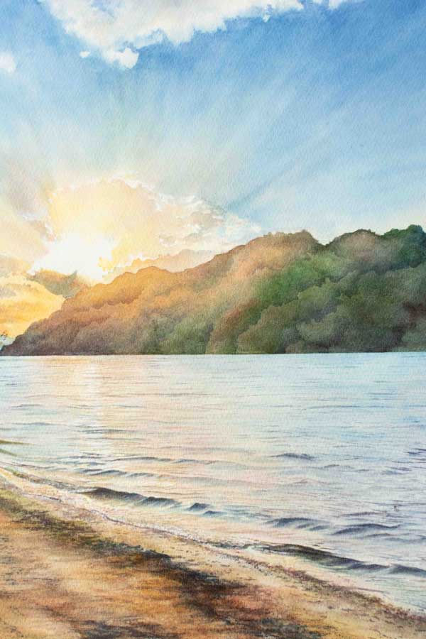 Close up of the Cheat Lake Autumn Sunset painting hilltop with a beach in the foreground.