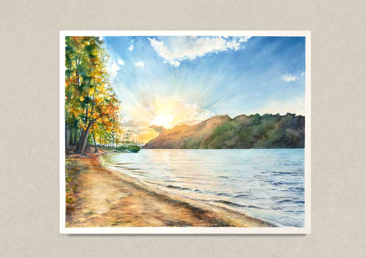 Painting of Cheat Lake beach with trees and a clear sky.