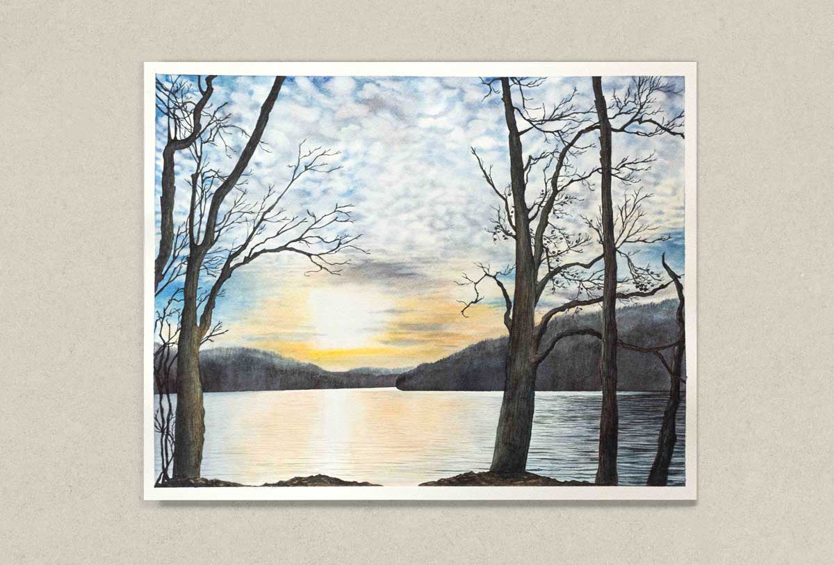 Painting of a sunset over Cheat Lake with bare trees on a beige wall.