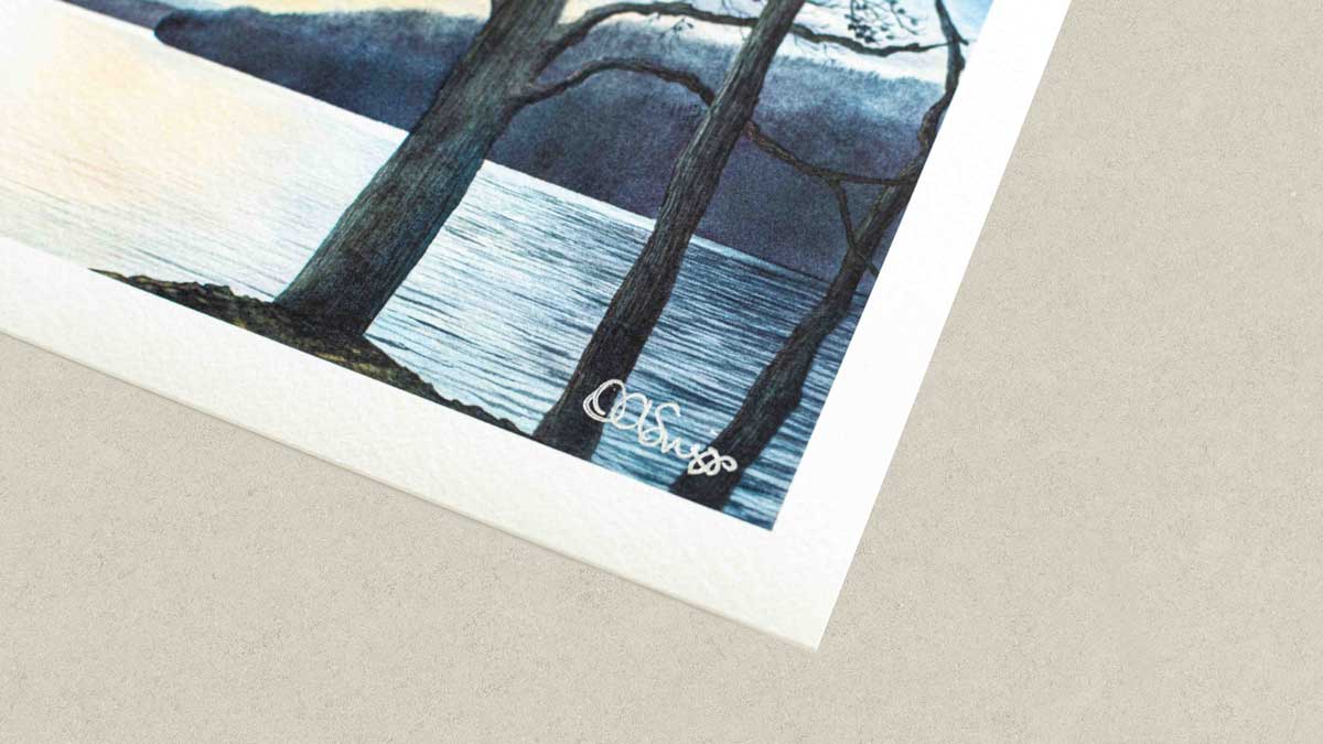 Print of of trees by Cheat Lake on textured watercolor paper.