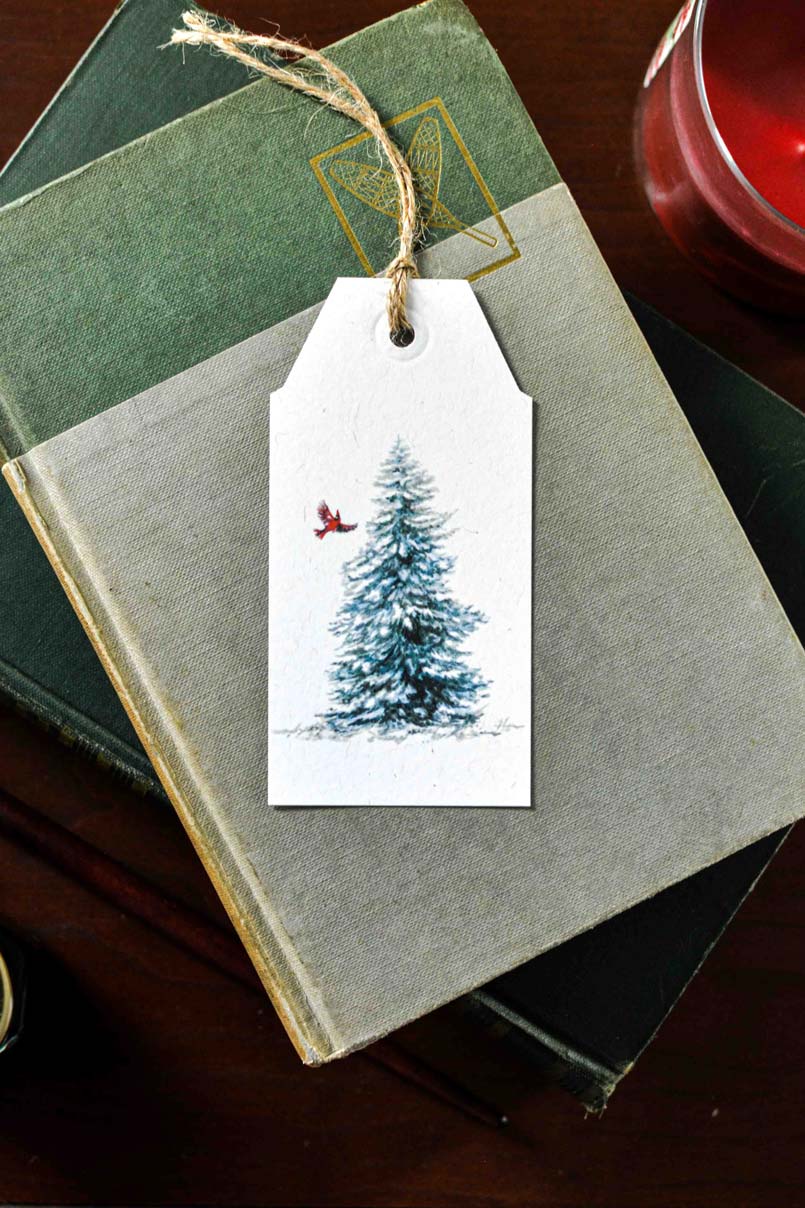 A white gift tag with a printed illustration of a snowy Christmas tree and a small red cardinal, tied with twine and placed on top of stacked books.