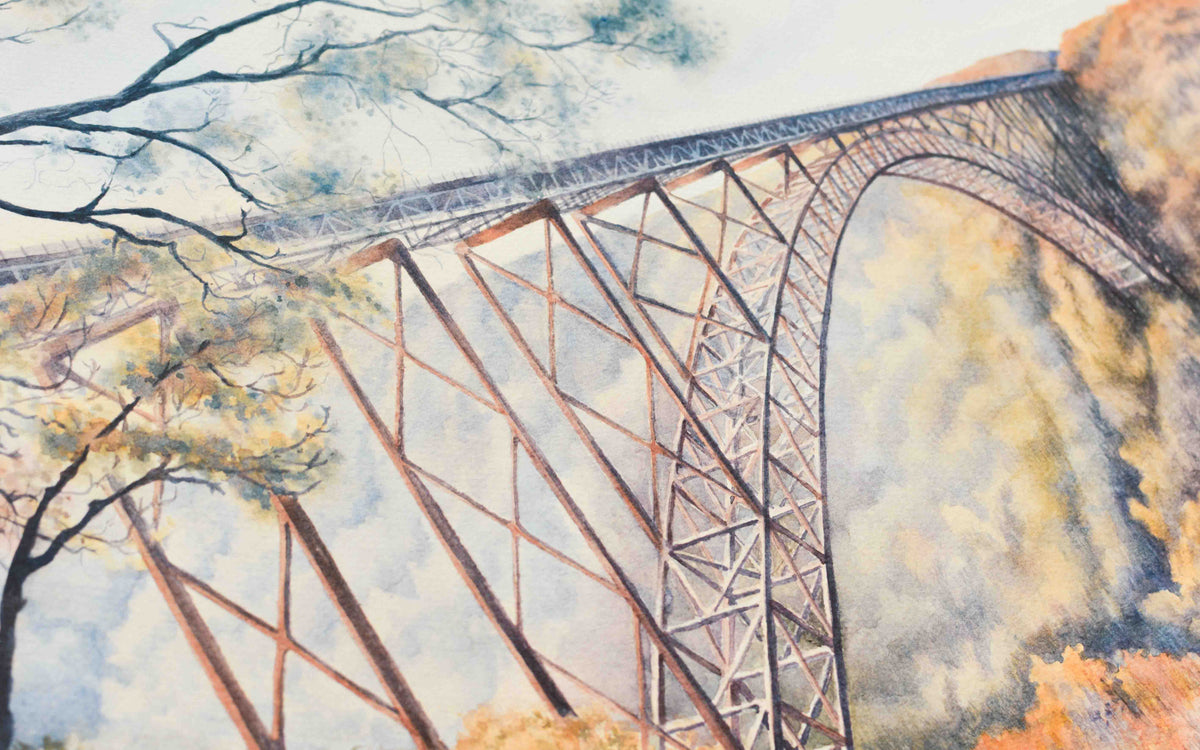 Closeup view of a watercolor painting of the large arched New River Gorge Bridge. 