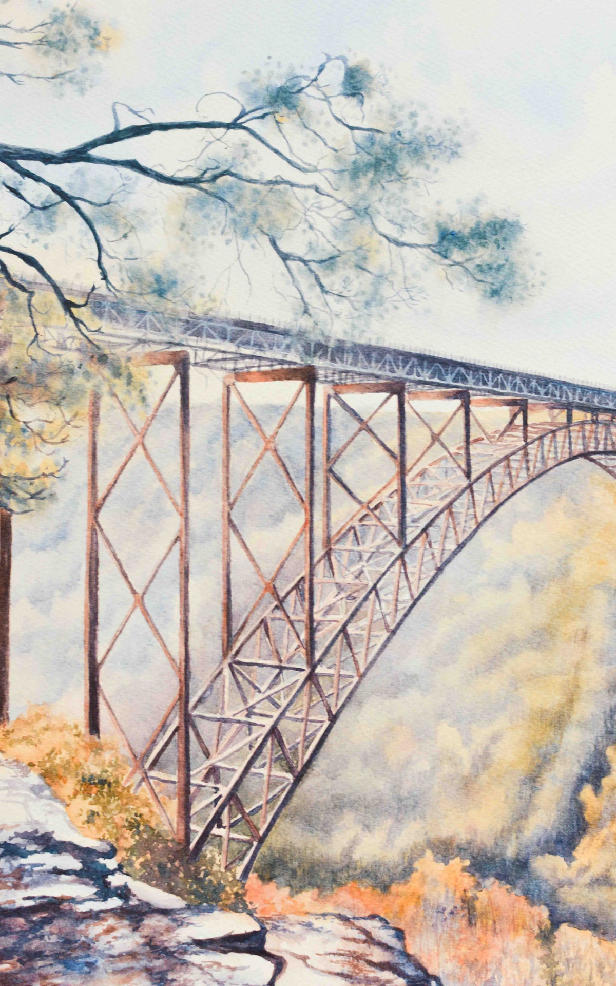 Closeup view of the painted architecture of the large arched New River Gorge Bridge. 
