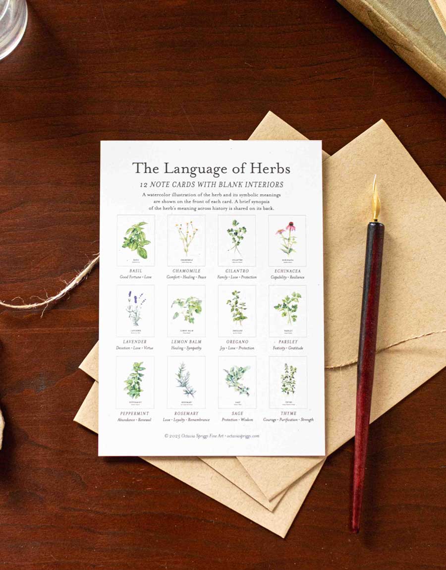 Note card set titled 'The Language of Herbs' with illustrations and envelopes on a wooden desk.