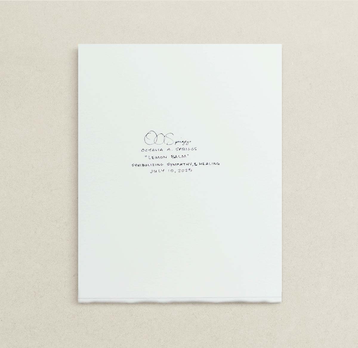 Backside of the original Lemon Balm painting with handwritten black ink text and a signature, displayed against a textured beige background.