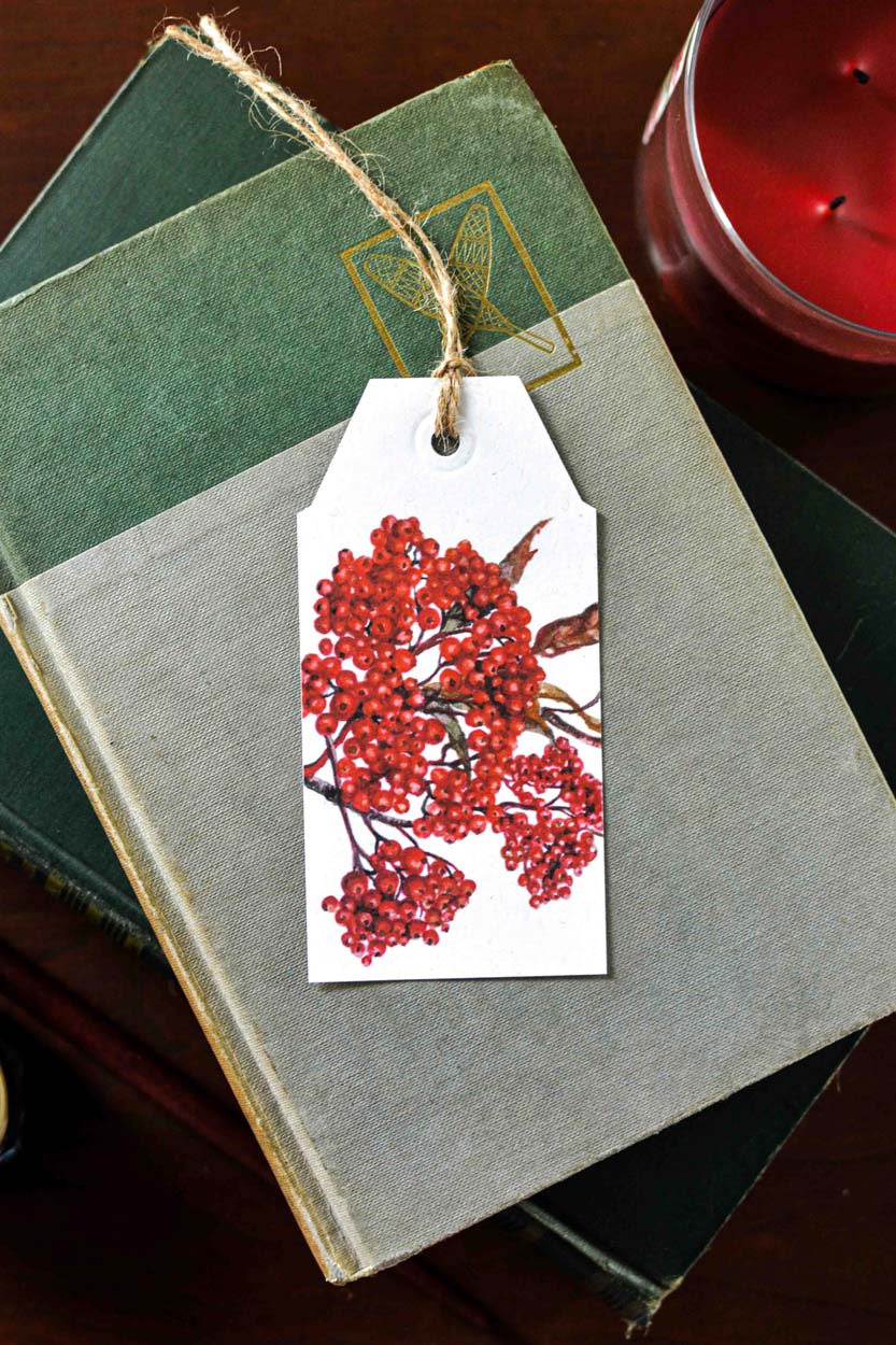 A white gift tag printed with a red berry illustration and tied with twine, resting on stacked vintage books with a red candle partially visible in the background.