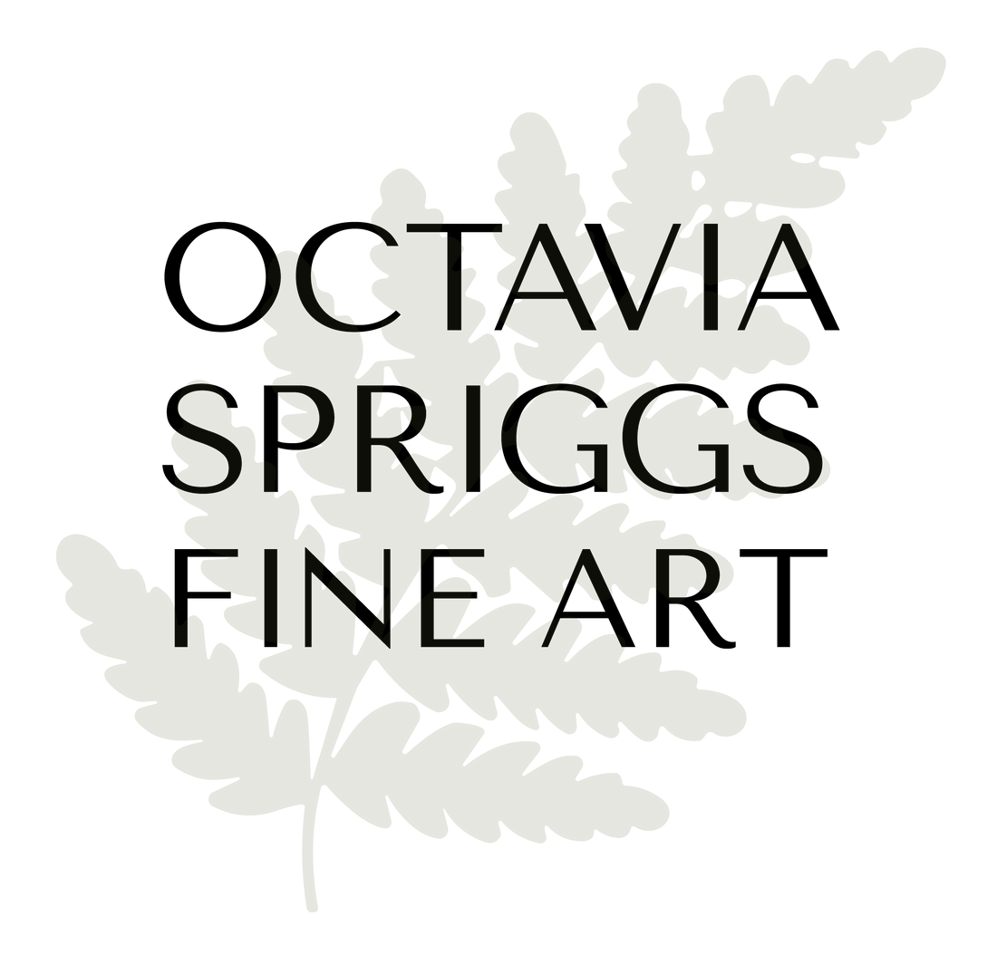 Logo for Octavia Spriggs Fine Art with leaf designs on a white background