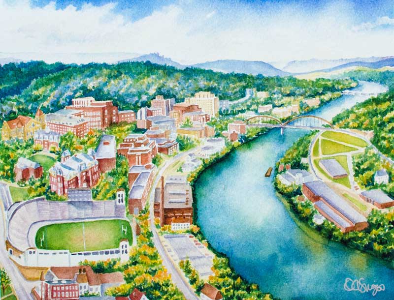 Watercolor painting of Morgantown, WV pre-1979