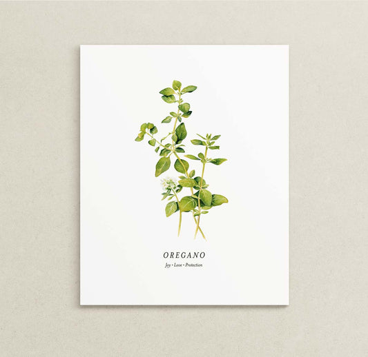 Print of a botanical painting of Oregano herb sprigs on a white background with text below reading "OREGANO" and "Joy | Love | Protection."