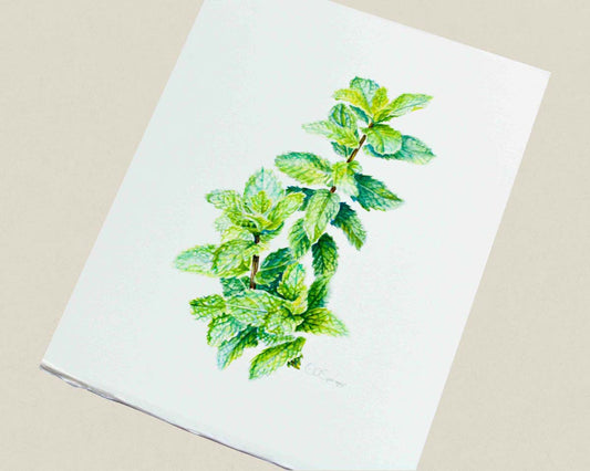An original watercolor painting featuring a green Peppermint leaf stem, displayed on a neutral beige background.