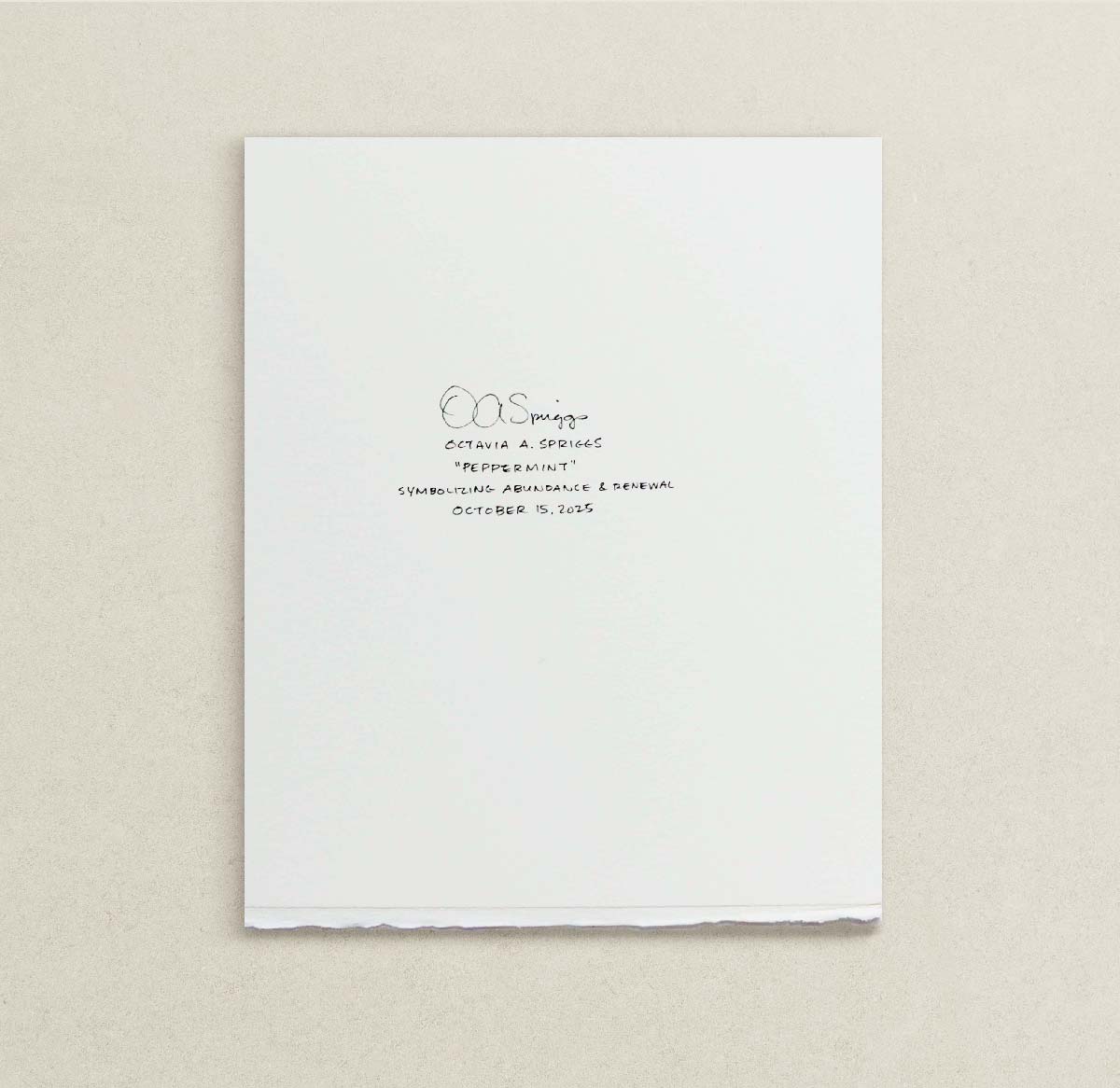 Backside of the original Peppermint painting, featuring a torn paper bottom edge and original signature, displayed against a neutral beige background.