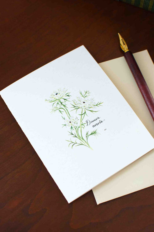 White card with green and white Queen Anne's Lace floral design and fountain pen on wooden surface