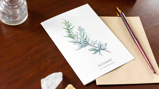 Note cards with rosemary illustration on a wooden desk.