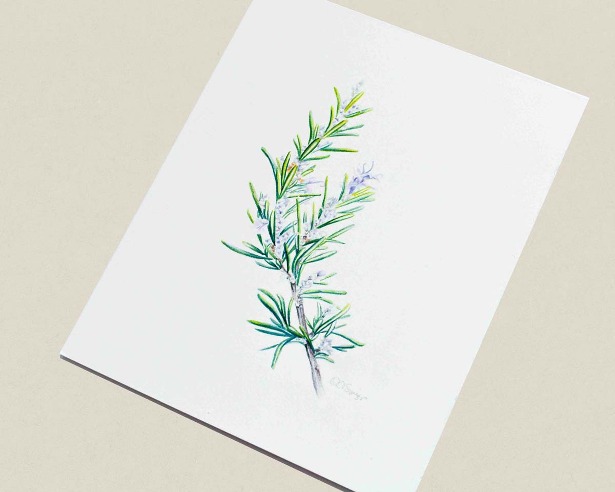 A watercolor painting of a green rosemary sprig with small purple flowers, displayed on a neutral beige background.