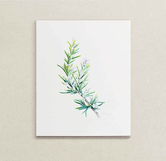 A watercolor painting of a green rosemary sprig with small purple flowers, displayed against a neutral beige textured wall.