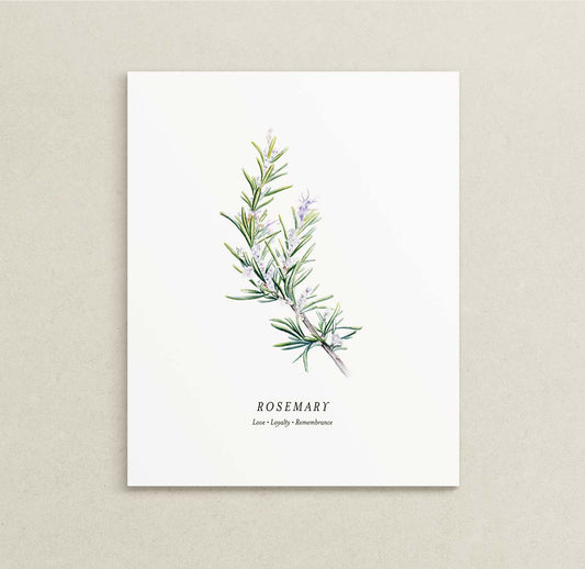 A vertical botanical art print featuring a watercolor illustration of a rosemary sprig with the text 'ROSEMARY' and 'Love, Loyalty, Remembrance' below it, displayed against a textured light beige wall.