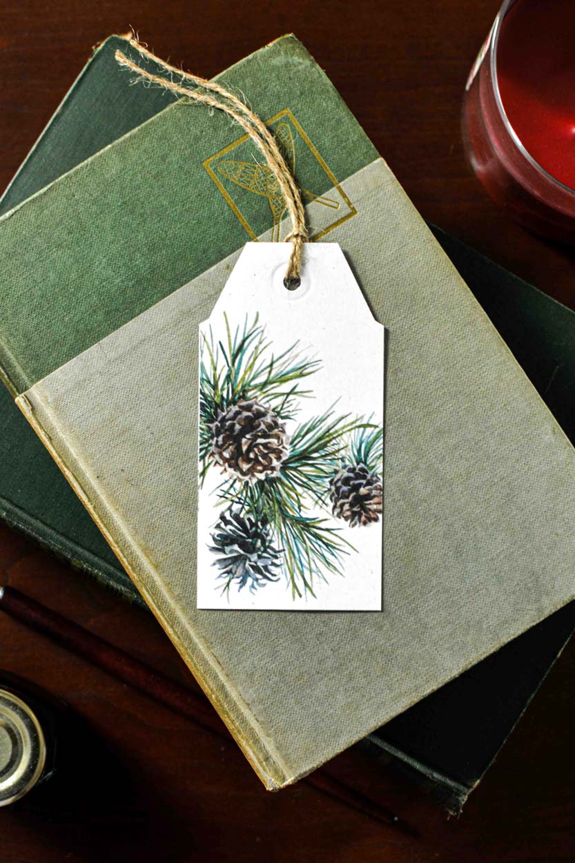 A white paper gift tag with a pine branch and pinecone illustration, attached with twine to an old green book on a dark wooden surface.