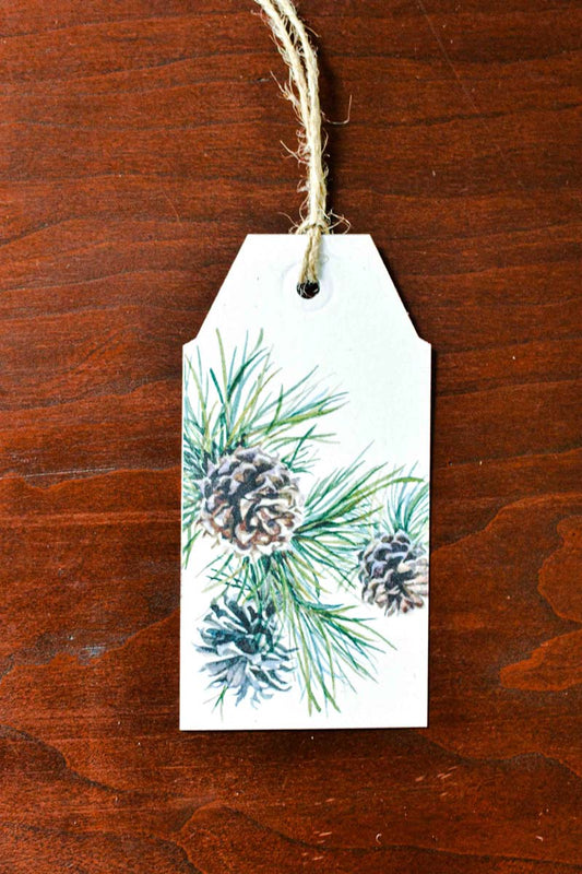 A white paper gift tag with a natural jute hanging string, printed with a watercolor design of pine needles and pinecones, displayed on a dark brown wooden surface.