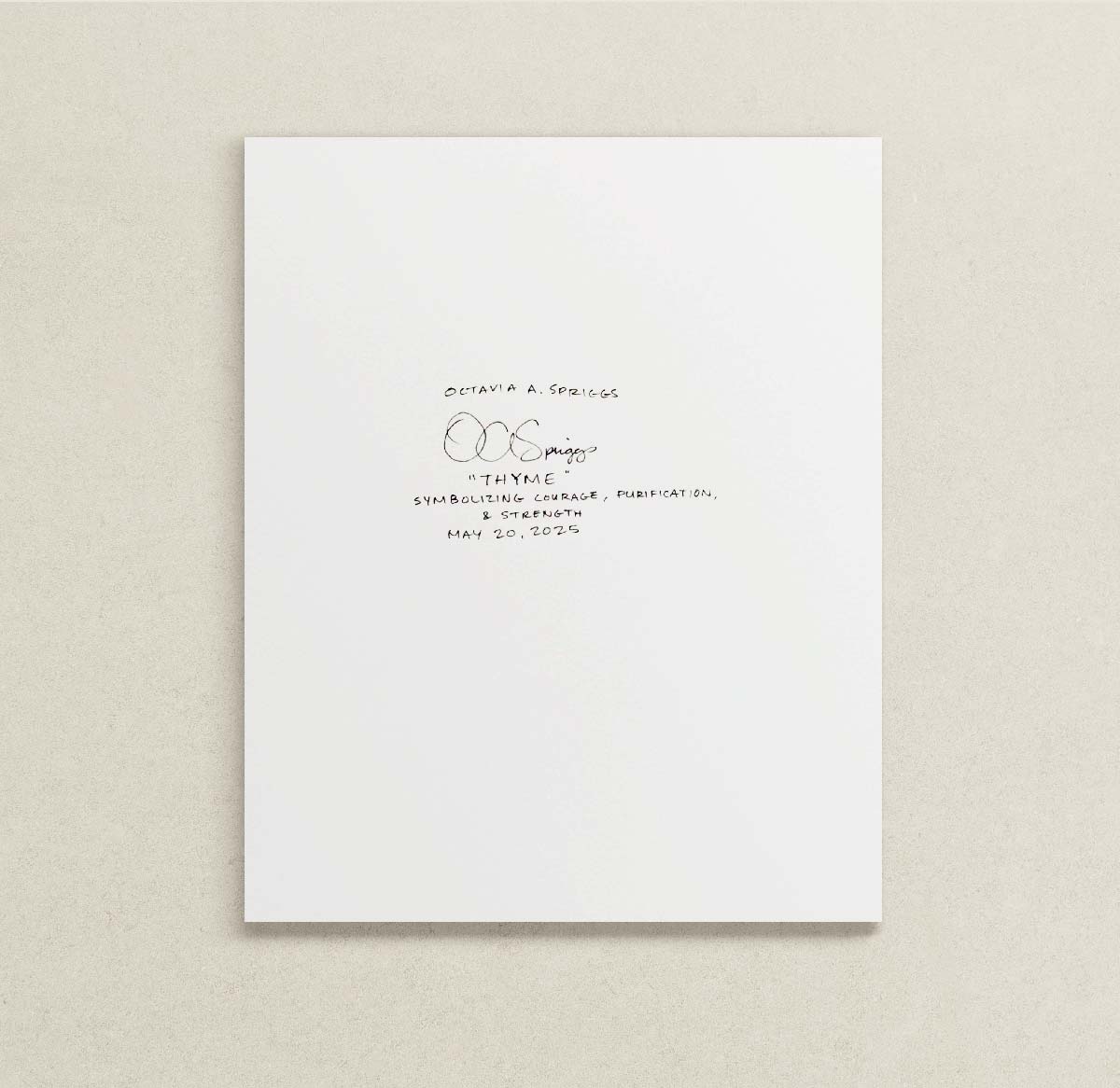 Backside of the original thyme painting featuring a small black handwritten-style text and signature in the center, displayed against a textured light beige background.