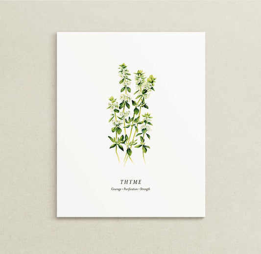 Art print of a watercolor illustration of a group of thyme sprigs. Text below reads 'THYME' and 'Courage | Purification | Strength'. 