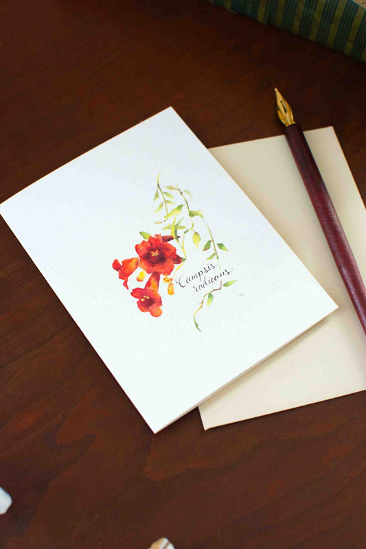 Greeting card with floral Trumpet Vine design and pen on wooden surface