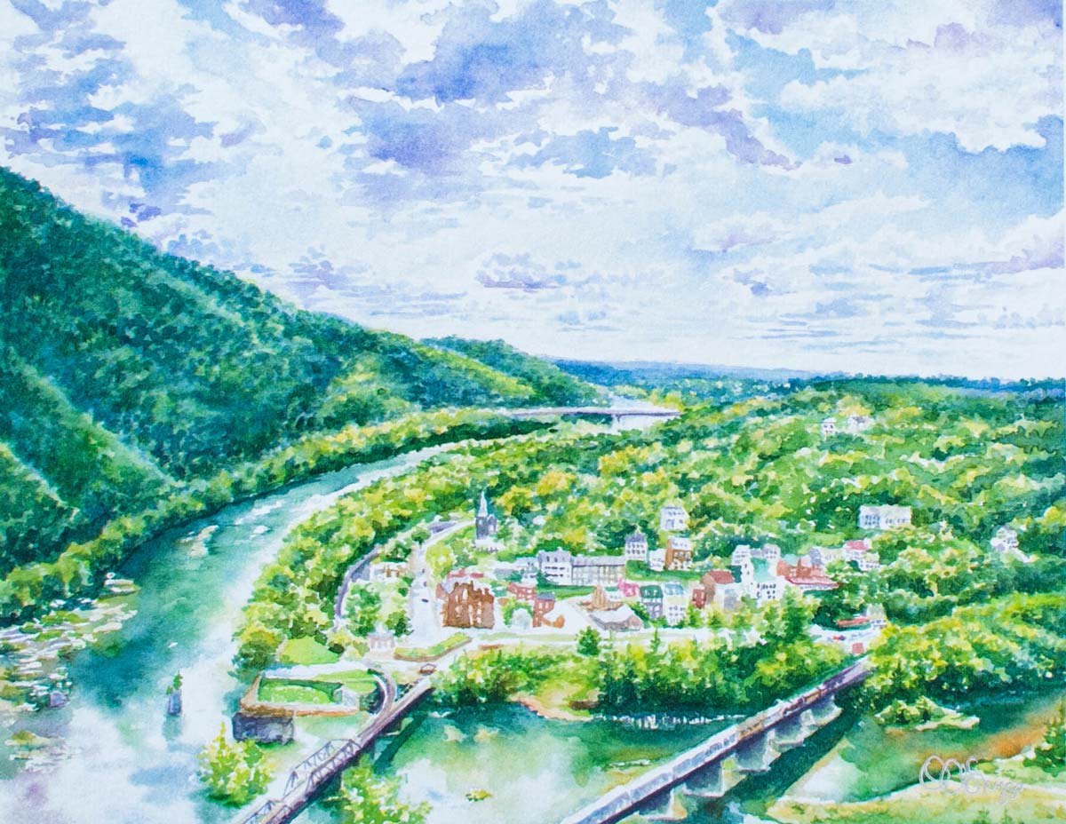 Watercolor landscape painting of a river valley with green hills, a winding river, a bridge, and a small town under a cloudy blue sky.
