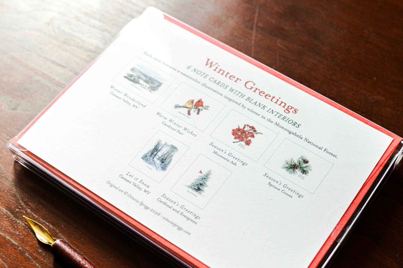 A boxed set of winter-themed note cards or a greeting card package lying open on a dark wooden table. The visible card insert reads "Winter Greetings" and shows small holiday illustrations and text, with red bordering around the card set.
