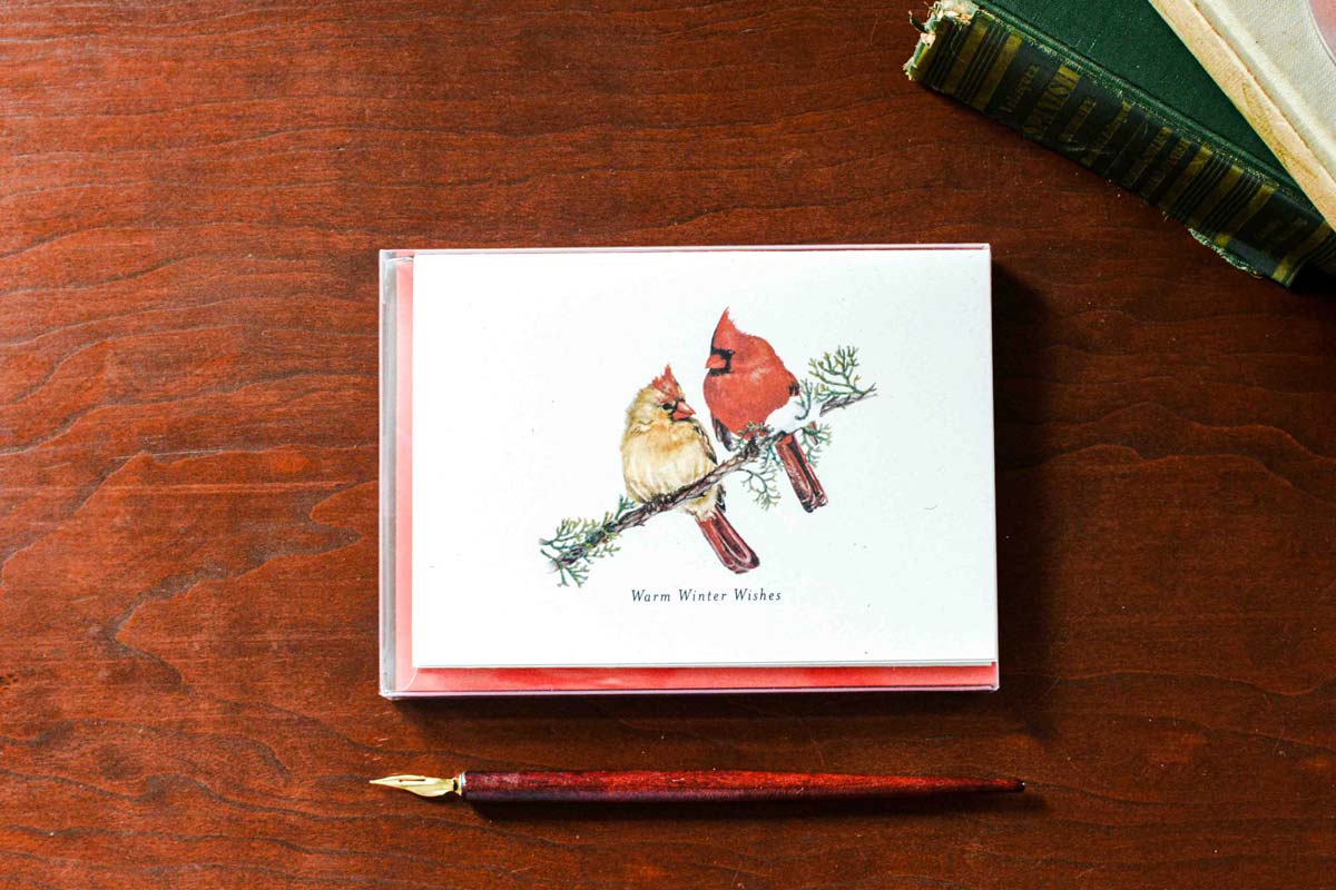 A square greeting card with a winter illustration of two cardinals on a branch, reading 'Warm Winter Wishes,' in a clear box with red envelopes. The box is placed on a wooden tabletop with a fountain pen and books nearby.